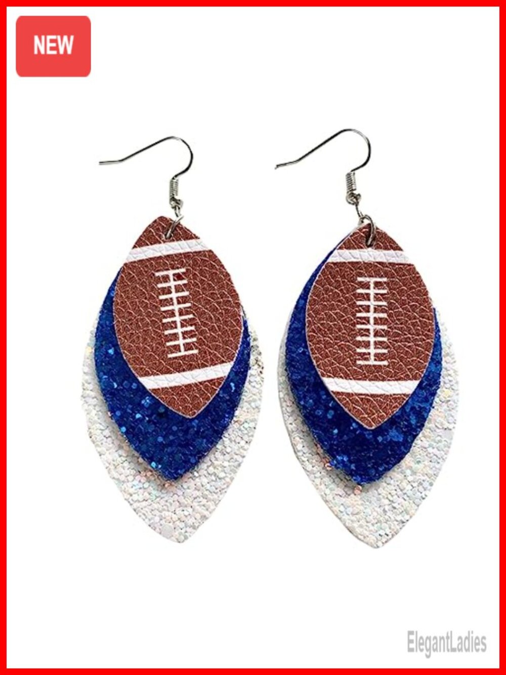 Layered Football Leather Dangle Earrings Glitter Sports Teardrop French Wire